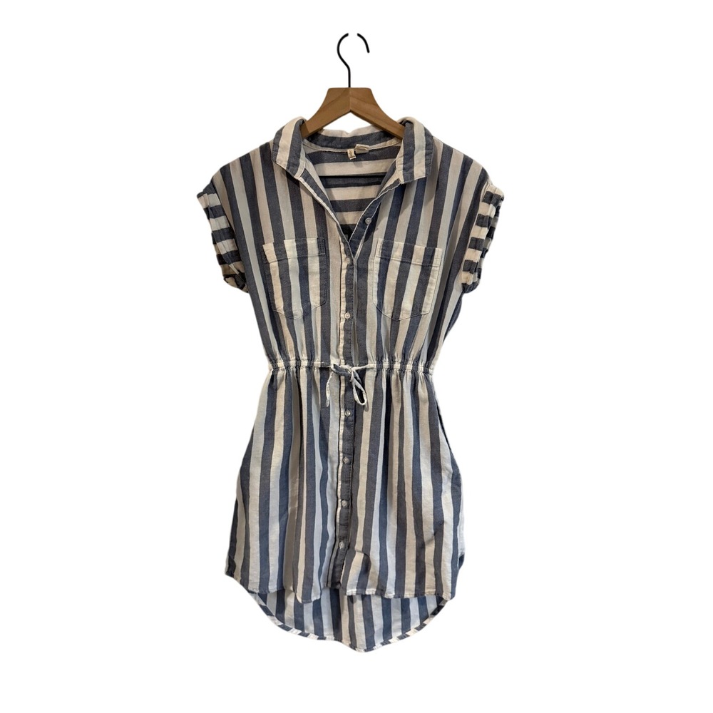 Japna Blue White Striped Cotton Button Front Shirt Dress Short Sleeve Pocket